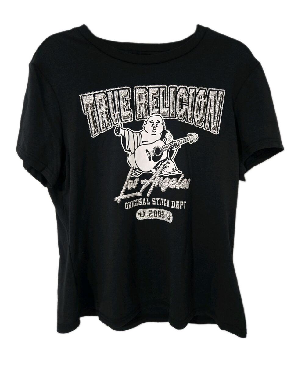 True Religion Women's Large Short Sleeve Crystal Buddha Logo Tee T-Shirt